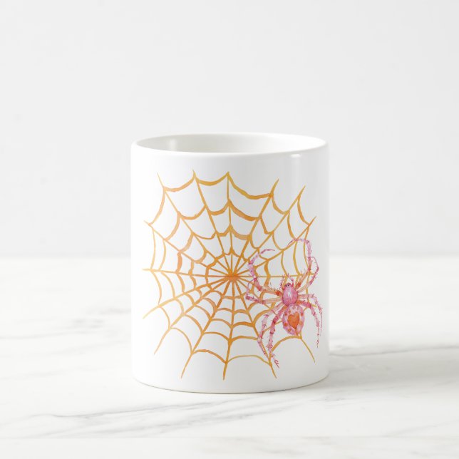 Mug Araignée rose orange groovy sur toile Halloween (Centre)