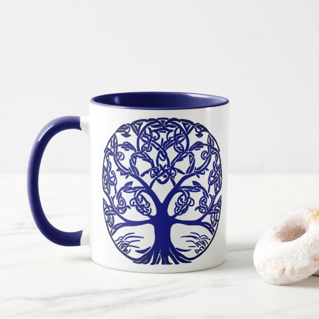 Mug Arbre à noeuds celtique bleu sur blanc (Avec donut)