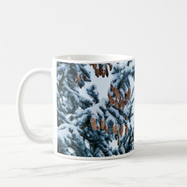 Mug Arbre à pins avec cônes et muqueuse à neige (Gauche)