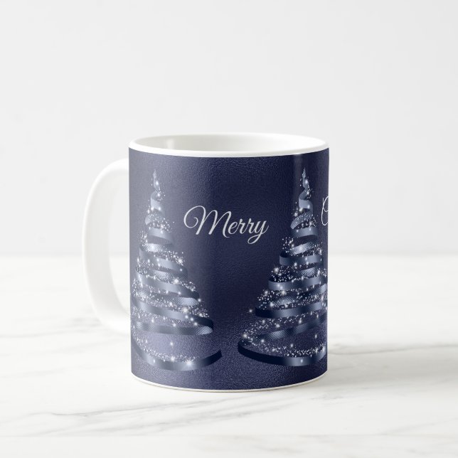 Mug Arbre à ruban bleu brillant de Noël (Devant gauche)