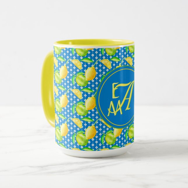 Mug Arbre Citron Monogrammé Bleu Azur Décor de Jeune M (Devant gauche)