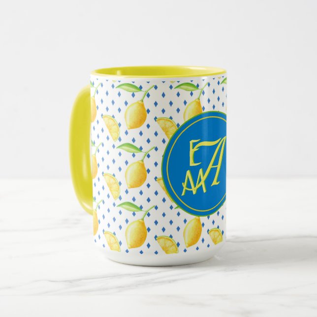 Mug Arbre Citron Monogrammé Décoration de Maison Bleu  (Devant gauche)