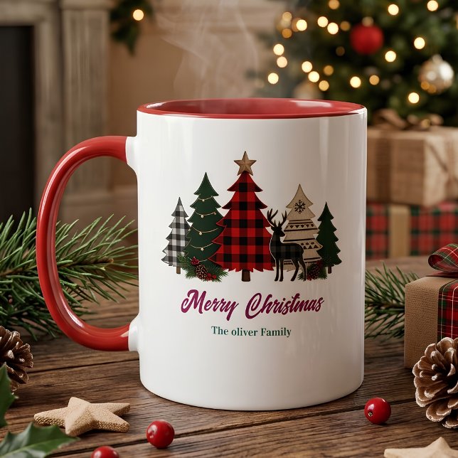 Mug Arbre de Noël à carreaux Buffalo rustique Nom de f (Créateur téléchargé)