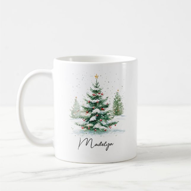 Mug Arbre de Noël à l'aquarelle avec écriture simple  (Gauche)