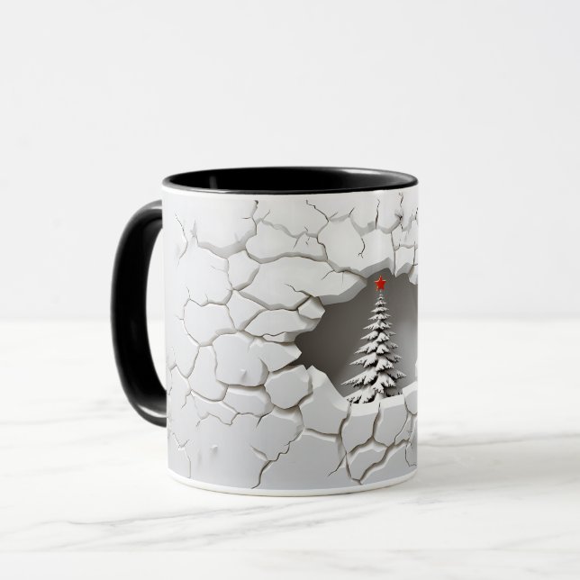 Mug Arbre de Noël à neige fissurée 3D (Devant gauche)