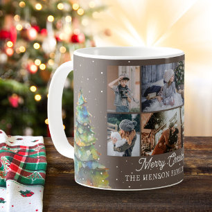 Mug Arbre de Noël Aquarelle Famille 6 Photo Collage