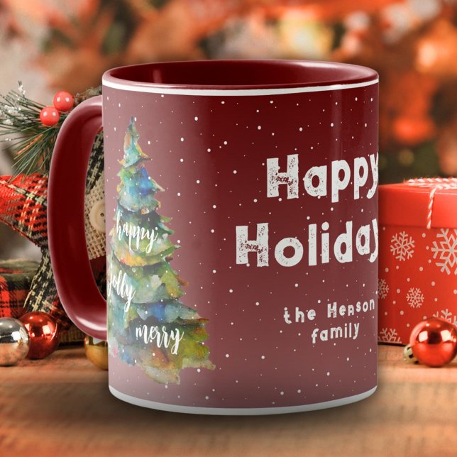 Mug Arbre de Noël Aquarelle Joyeux Jolly Joyeux Famill (Créateur téléchargé)