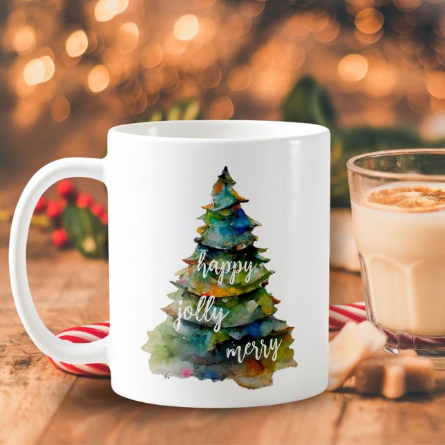 Mug Arbre de Noël Aquarelle Joyeux Jolly Joyeux Script (Créateur téléchargé)