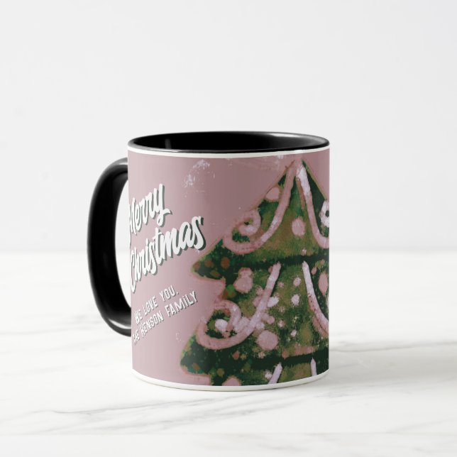 Mug Arbre de Noël Artisan rose Joyeux Script famille (Devant gauche)