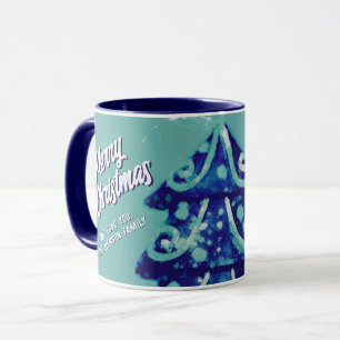 Mug Arbre de Noël Artistique Bleu Joyeux Script Famill