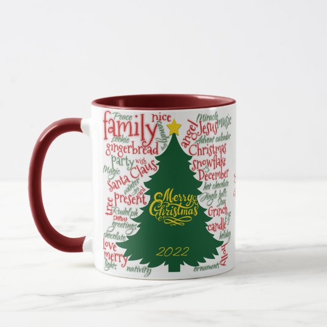 Mug Arbre de Noël avec mots de Noël & flocons de neige (Gauche)