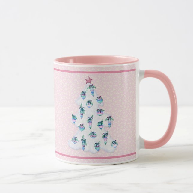 Mug Arbre de Noël blanc avec Aquarelle Ornements rose (Droite)