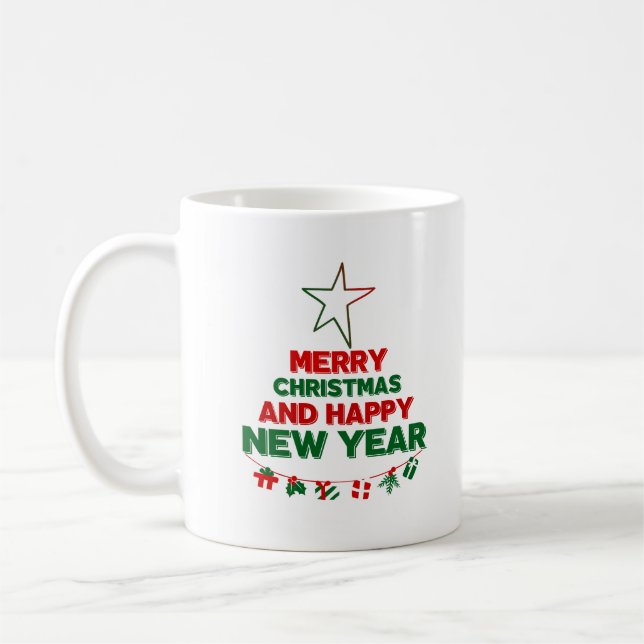 Mug Arbre de Noël, Bonne année, mots, étoile, cadeau (Gauche)