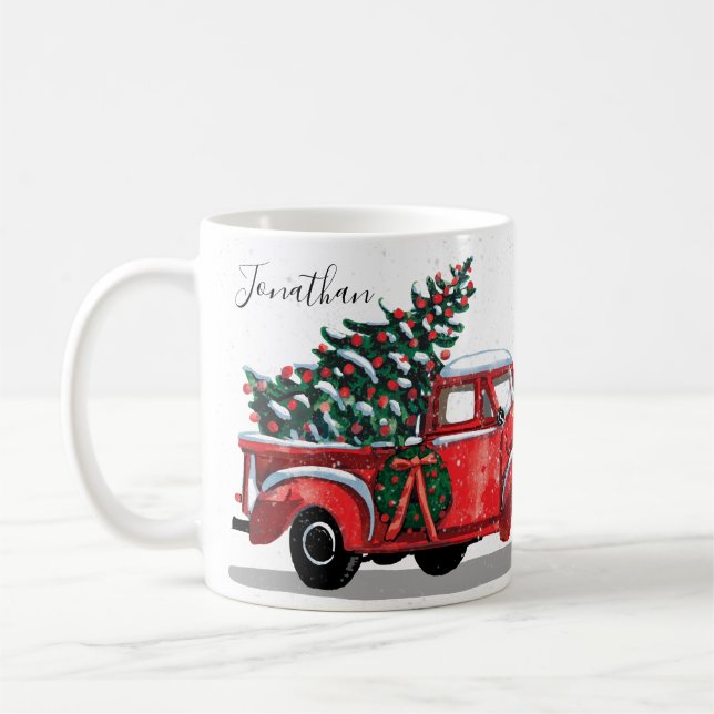 Mug Arbre de Noël Camion rouge Vintage Nom (Gauche)