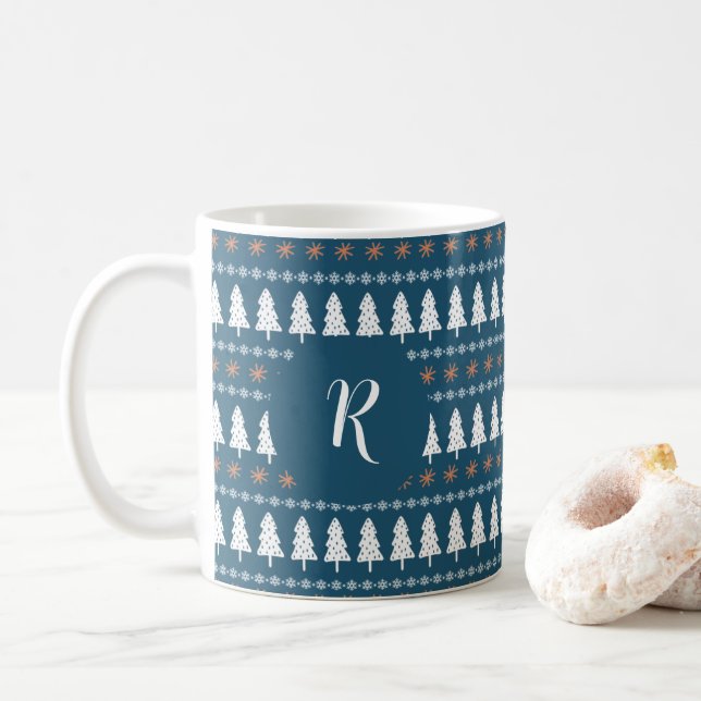 Mug Arbre de Noël d'hiver moderne Motif Monogramme ble (Avec donut)