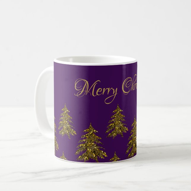 Mug Arbre de Noël en or brillant à Noël violet (Devant gauche)