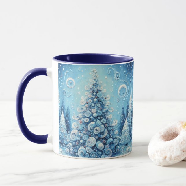 Mug Arbre de Noël impressionniste Whimsical Bleu (Avec donut)