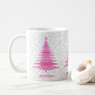 Mug Arbre de Noël rose Nom personnalisé Étincelle