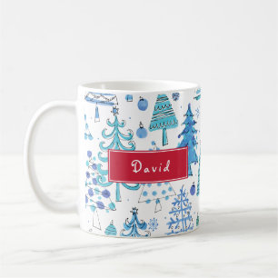 Mug Arbre de Noël Turquoise bleu vert Nom personnalisé