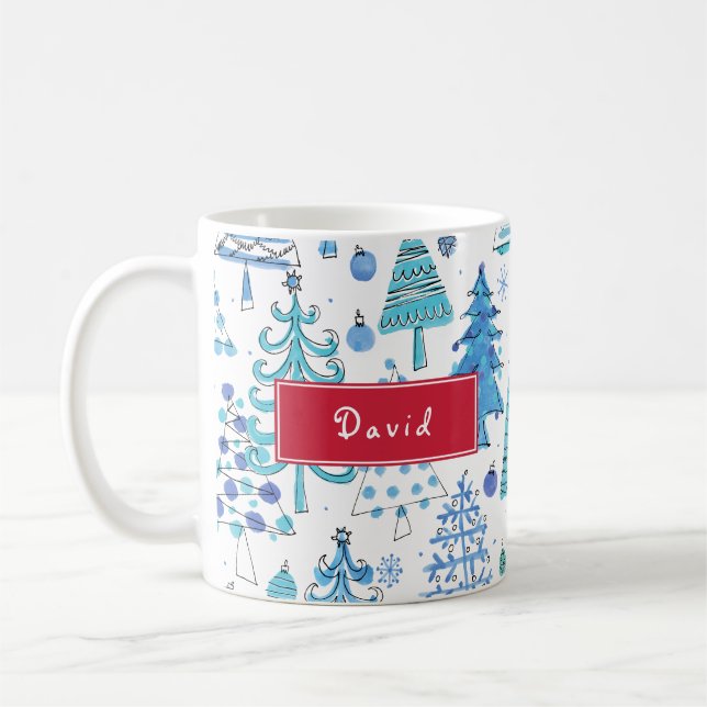 Mug Arbre de Noël Turquoise bleu vert Nom personnalisé (Gauche)