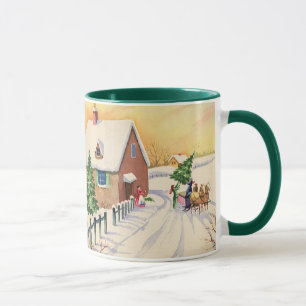 Mug Arbre de Noël vintage sur une route enneigée d'hiv