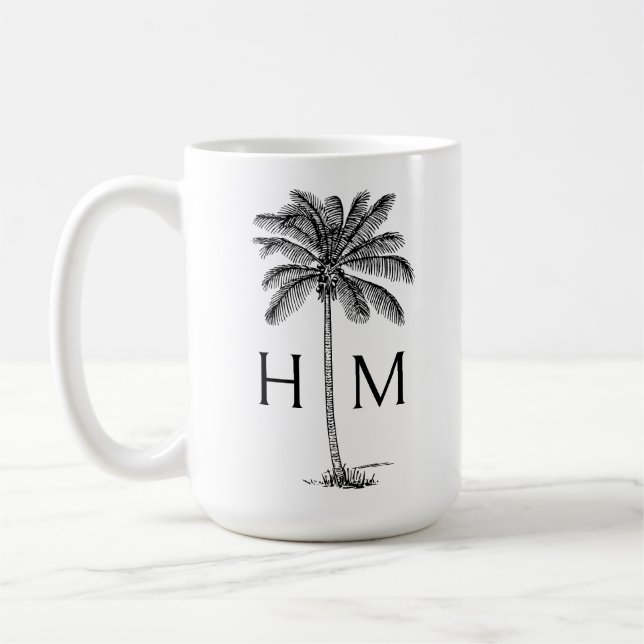 Mug Arbre de palmier nain noir et blanc monogramme (Gauche)