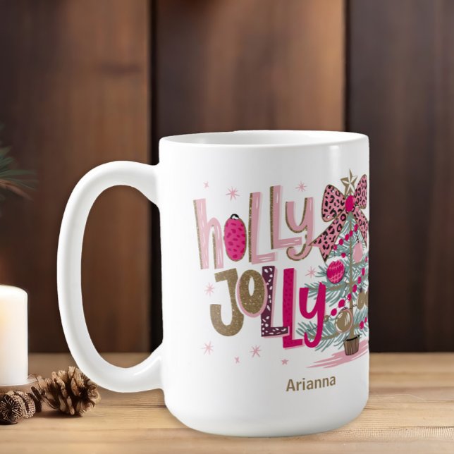 Mug Arbre en or rose Noël joyeux et chaleureux (Pink and leopard print "Holly Jolly" Christmas tree coffee mug)