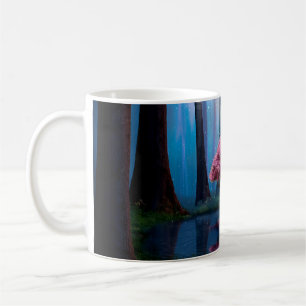 Mug Arbre rose et étang dans les bois la nuit