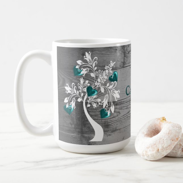 Mug Arbre turquoise des coeurs Boug de café personnali (Avec donut)
