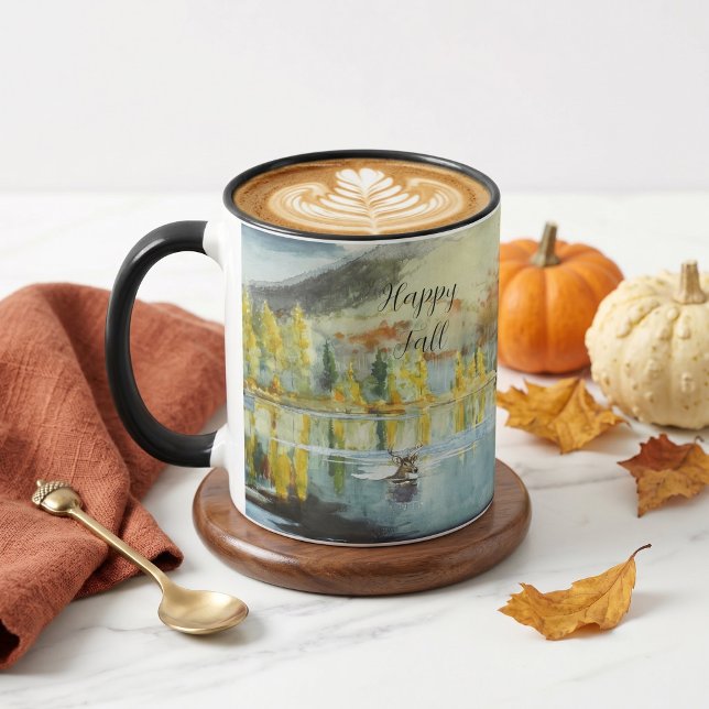 Mug Arbres d'automne et élans nageant avec texte perso (Créateur téléchargé)
