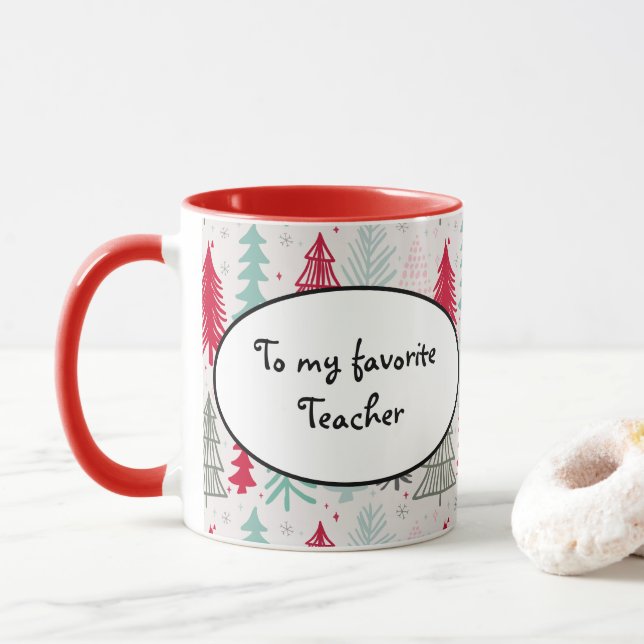 Mug Arbres de Noël dessinés à la main Pin À feuillage  (Avec donut)
