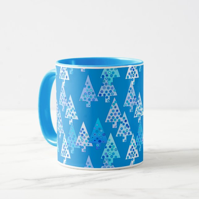 Mug Arbres de Noël Fleurs Modernes, Bleu Céruleen (Devant gauche)