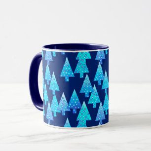 Mug Arbres de Noël Fleurs Modernes, Bleu Profond