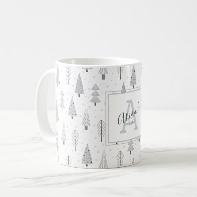 Mug Arbres de Noël modernes Arbres gris argenté Monogr (Devant gauche)