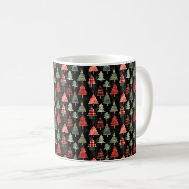 Mug Arbres de Noël rouges et verts sur le noir (Devant droit)