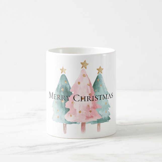 Mug Arbres de Noël verts roses étoiles d'or (Centre)
