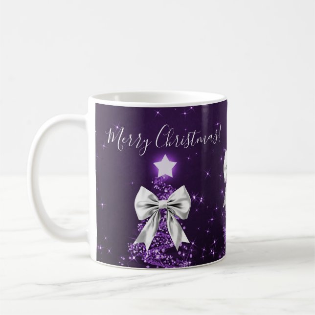 Mug Arbres de Noël violets de vacances élégants Rubans (Gauche)