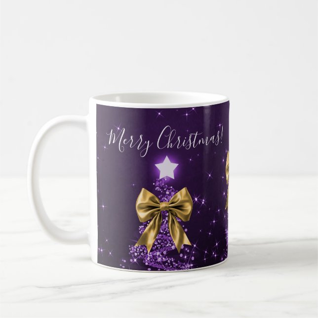 Mug Arbres de Noël violets de vacances élégants Rubans (Gauche)