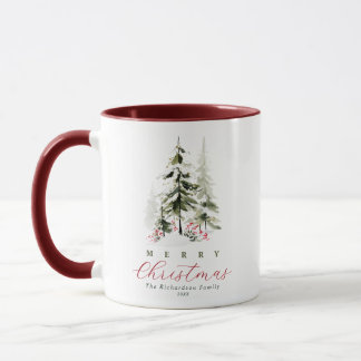 Mug Arbres de pin aquarelle rustique Noël personnalisé
