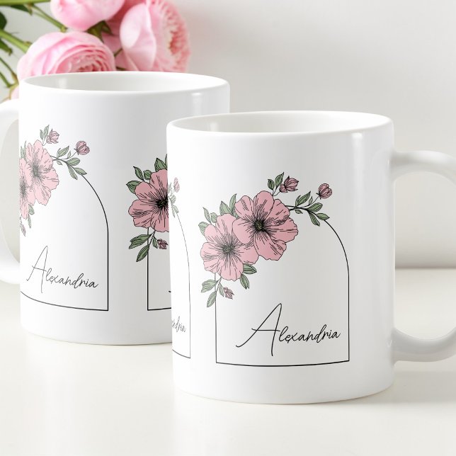 Mug Arc Botanique Floral Rose Élégant Écriture Noire (Elegant Pink Floral Botanical Arch Black Script Coffee Mug)
