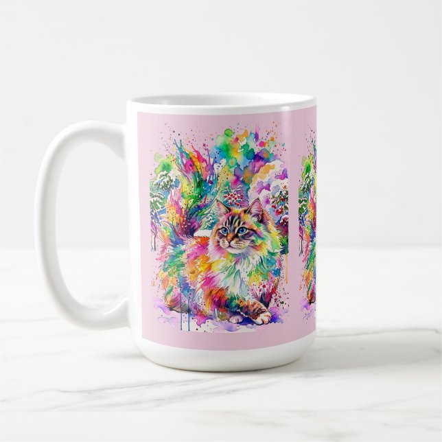 Mug Arc-en-ciel Fantaisiste Chat Fluffy Aquarelle en H (Gauche)
