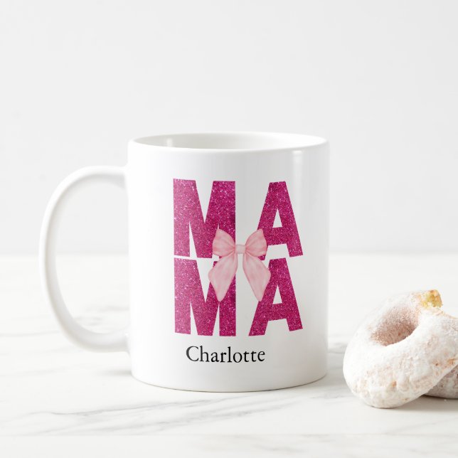 Mug Arc en ruban scintillant rose MAMAN Coquette Esthé (Avec donut)