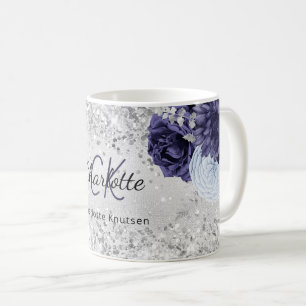 Mug Argent bleu marine florales élégant nom monogramme
