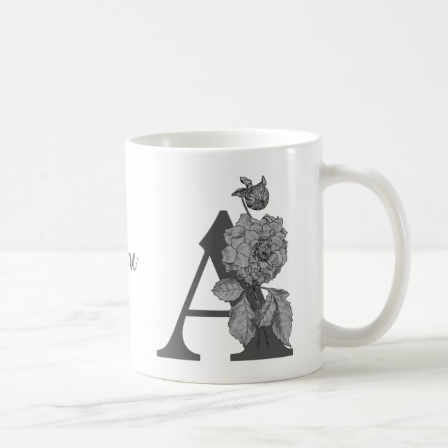 Mug Argent Peony Elegant Monogramme Initiale Un Nom (Droite)