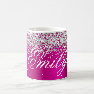 Mug Argent Personnalisé Paillettes Rose Chaud Feuille
