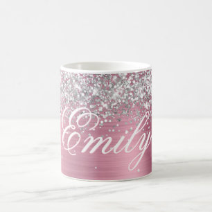 Mug Argent Personnalisé Paillettes Rose Clair Feuille