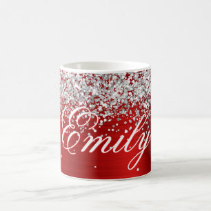 Mug Argent Personnalisé Paillettes Rouge Feuille