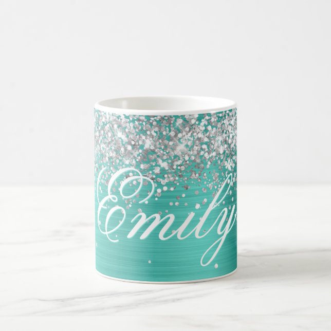 Mug Argent Personnalisé Paillettes Turquoise Feuille (Centre)