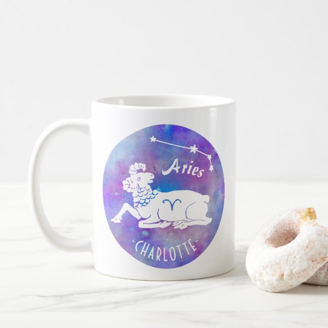 Mug Aries Ram Constellation Étoiles Nom personnalisé A (Avec donut)