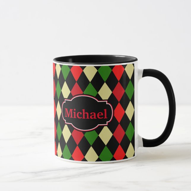 Mug Arlequin de vacances Motif géométrique avec nom (Droite)